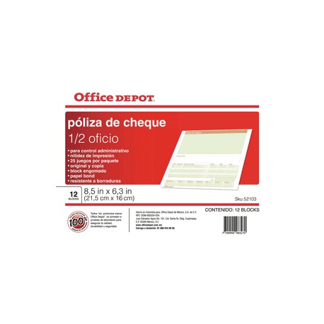 POLIZA CHEQUES OFFICE DEPOT 1/2 OFICIO CON 12 - Envío Gratuito