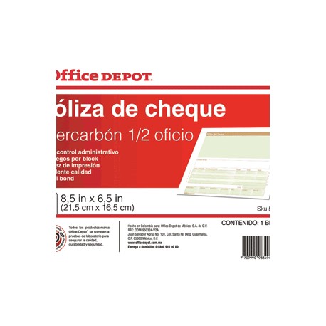 POLIZA CHEQUE 1/2 OFICIO OFFICE DEPOT CON 25 PIEZA - Envío Gratuito