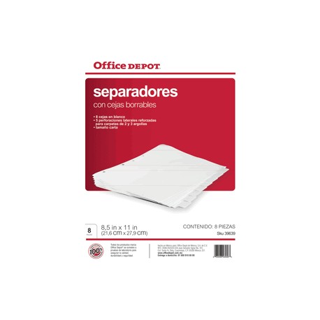 SEPARADORES INDICE OFFICE DEPOT 8 DIV BORRABLE - Envío Gratuito